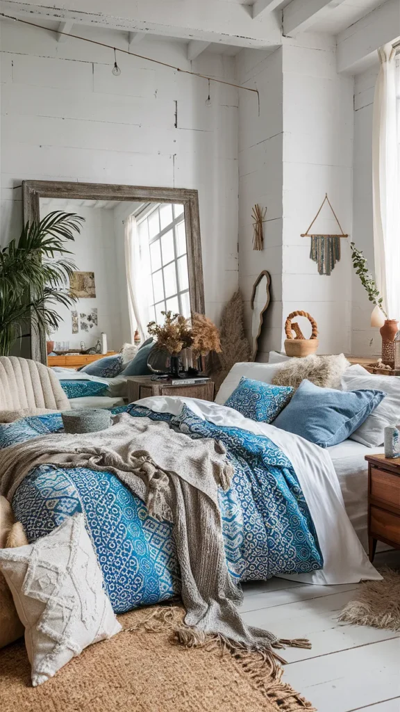 cozy blue bedroom boho