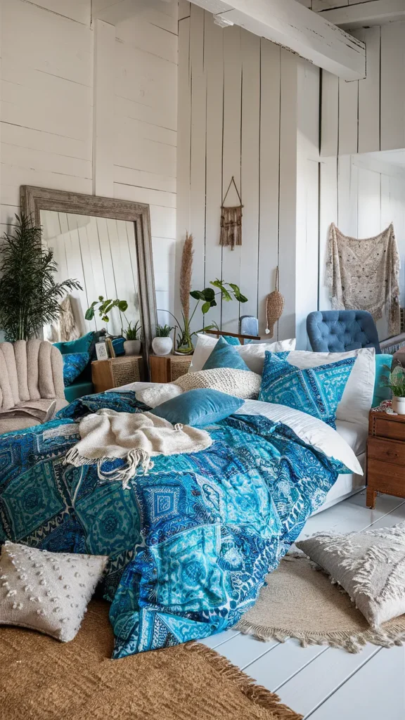 cozy blue bedroom boho