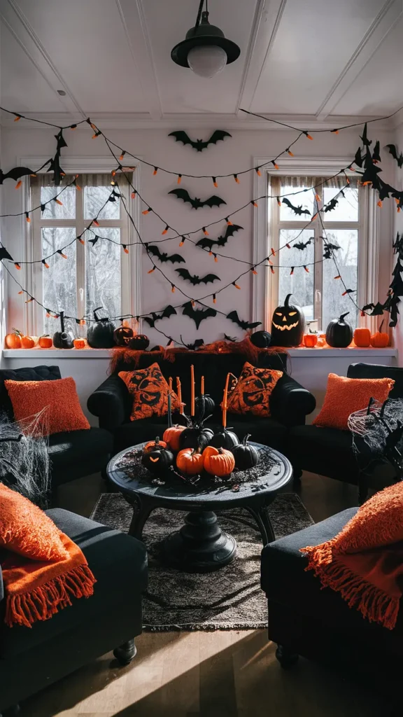 black and orange halloween decor living room