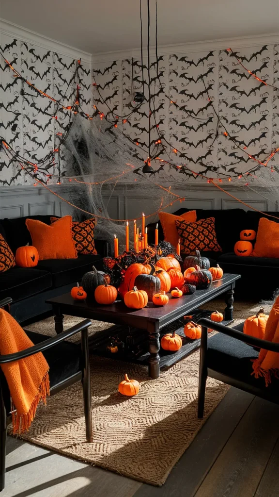 black and orange halloween decor living room