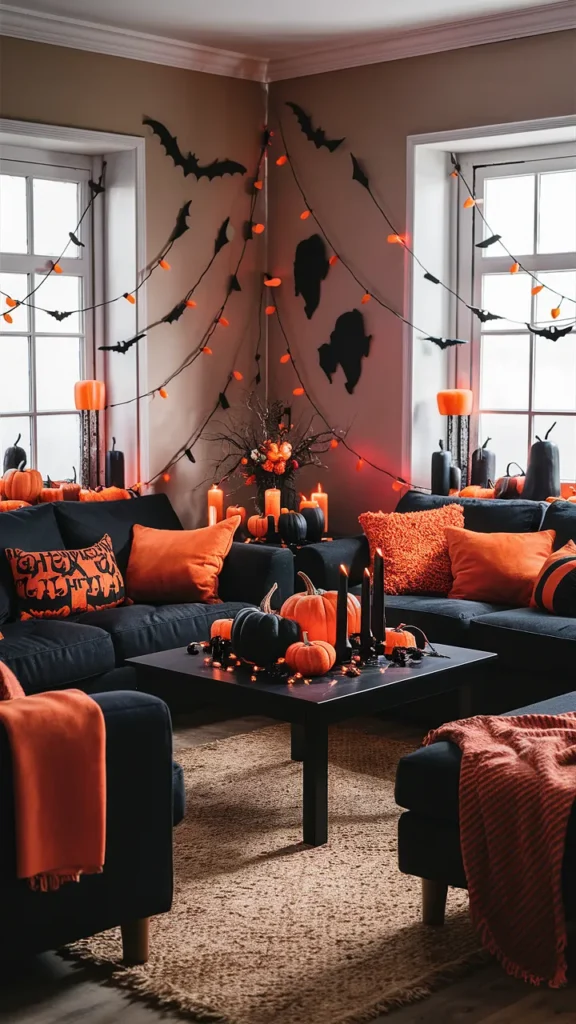 black and orange halloween decor living room