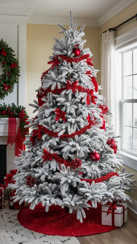 flocked christmas tree ideas red
