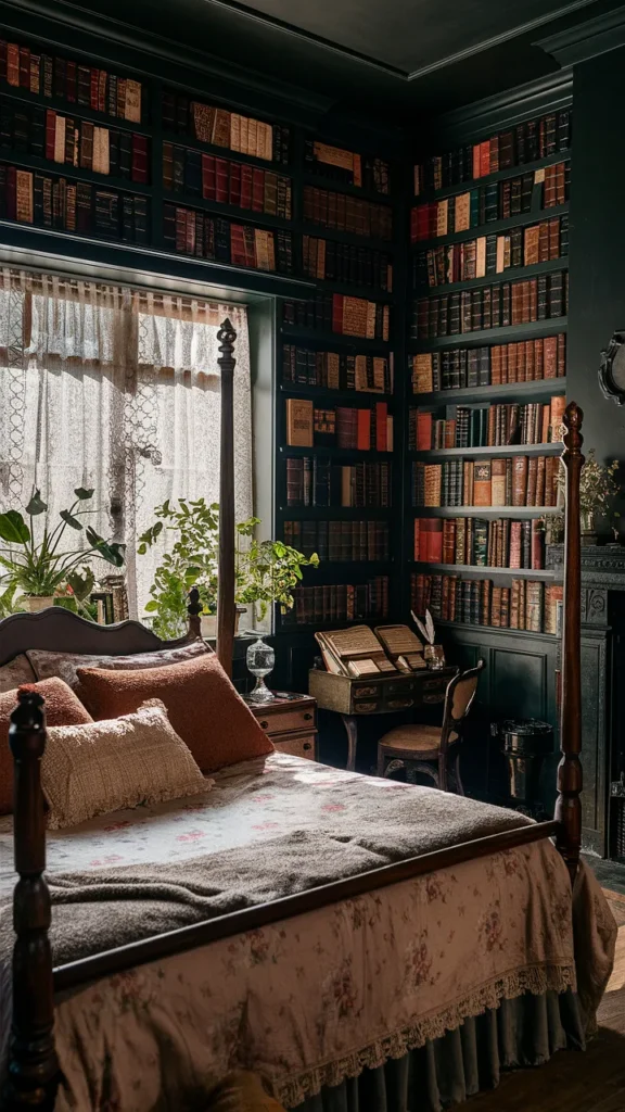 cottage core x dark academia bedroom