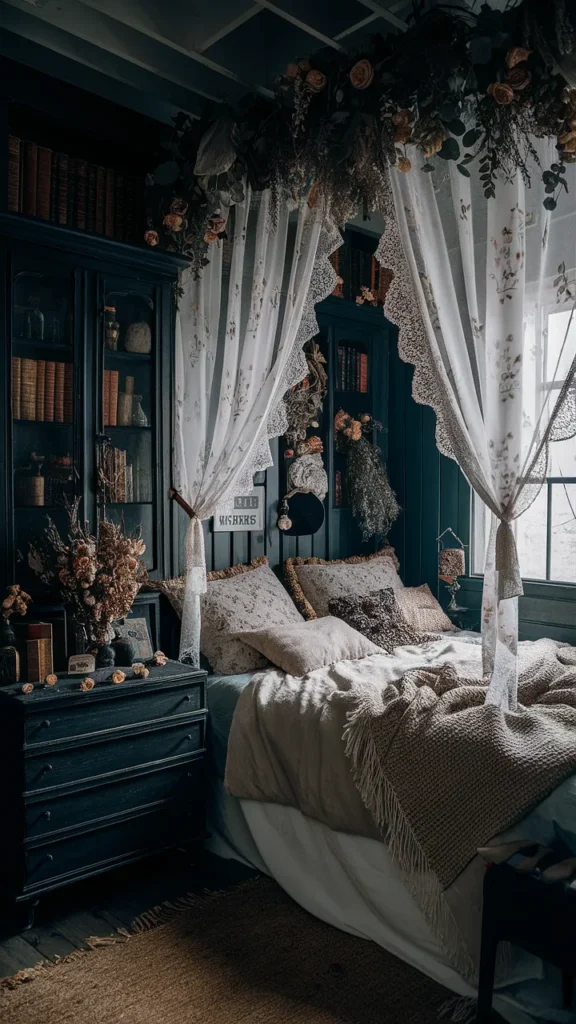 cottage core x dark academia bedroom