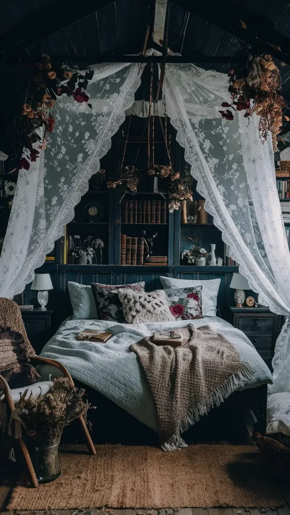 cottage core x dark academia bedroom