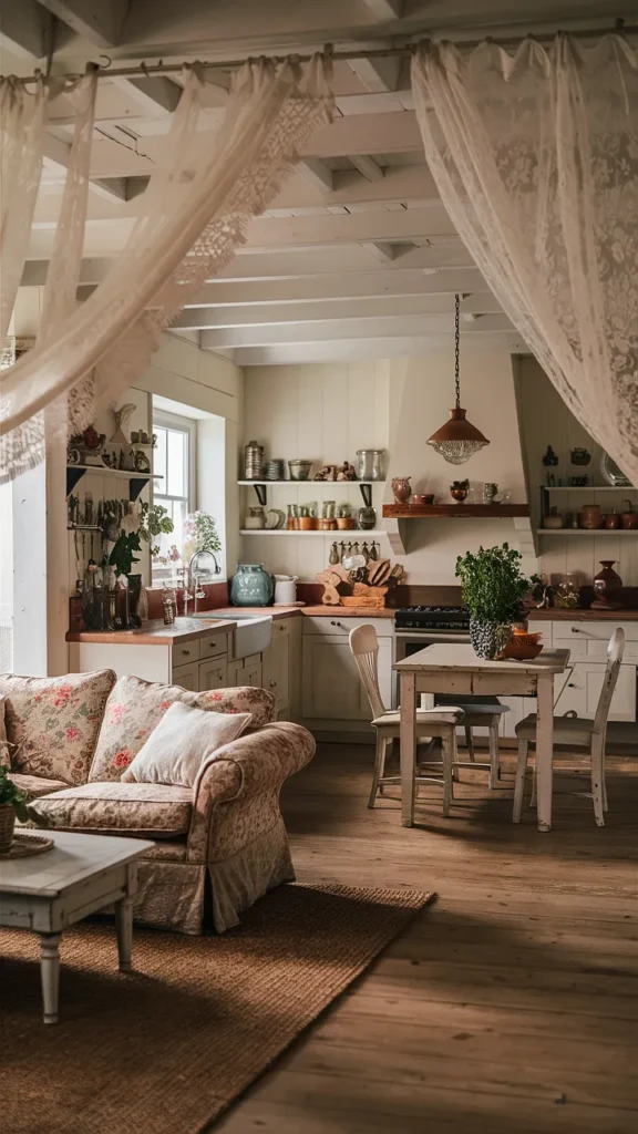 cottagecore living room kitchen