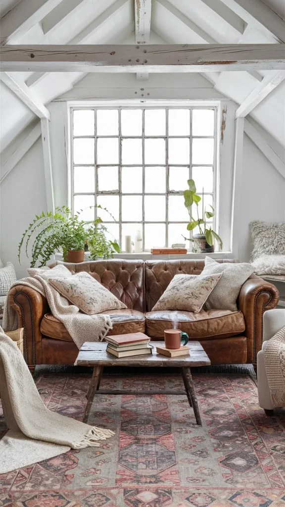 cottagecore living room leather couch