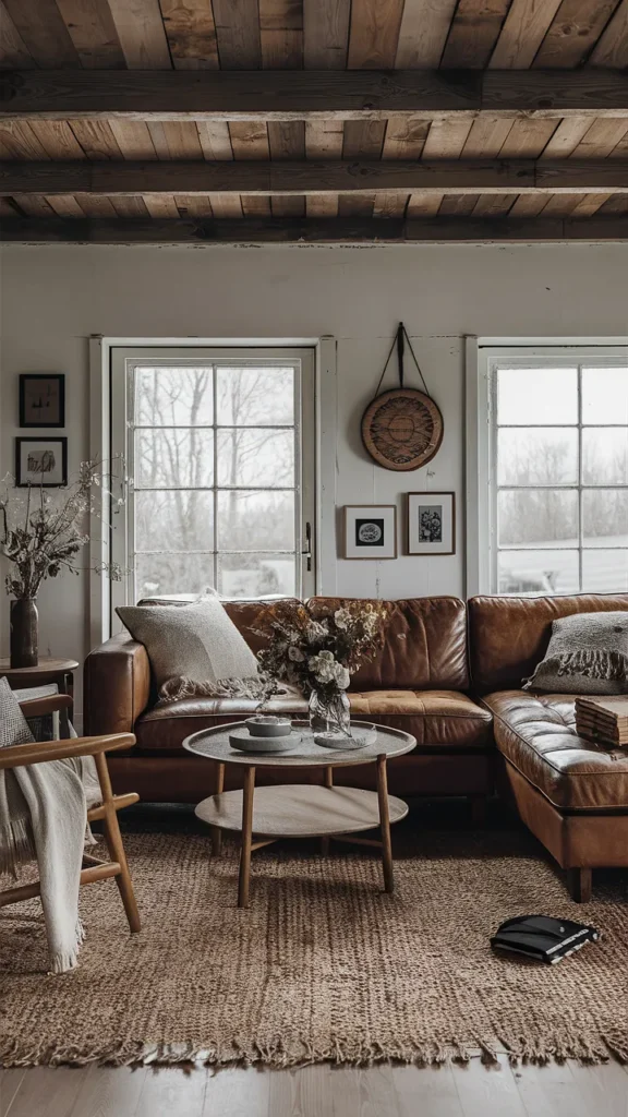 cottagecore living room leather couch