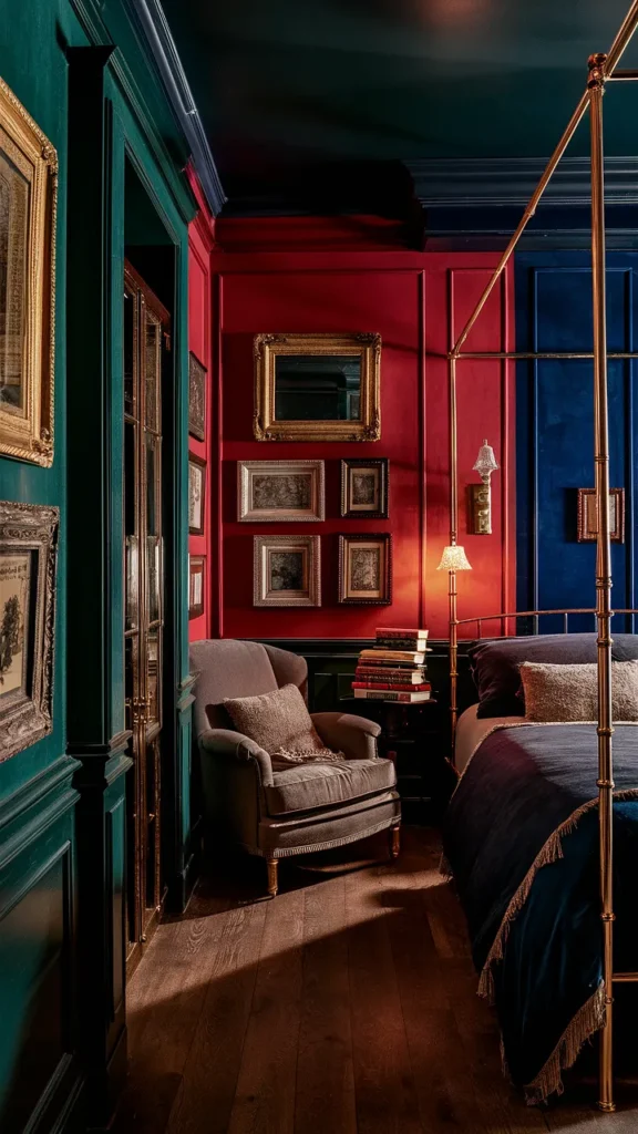 jewel tone dark academia bedroom