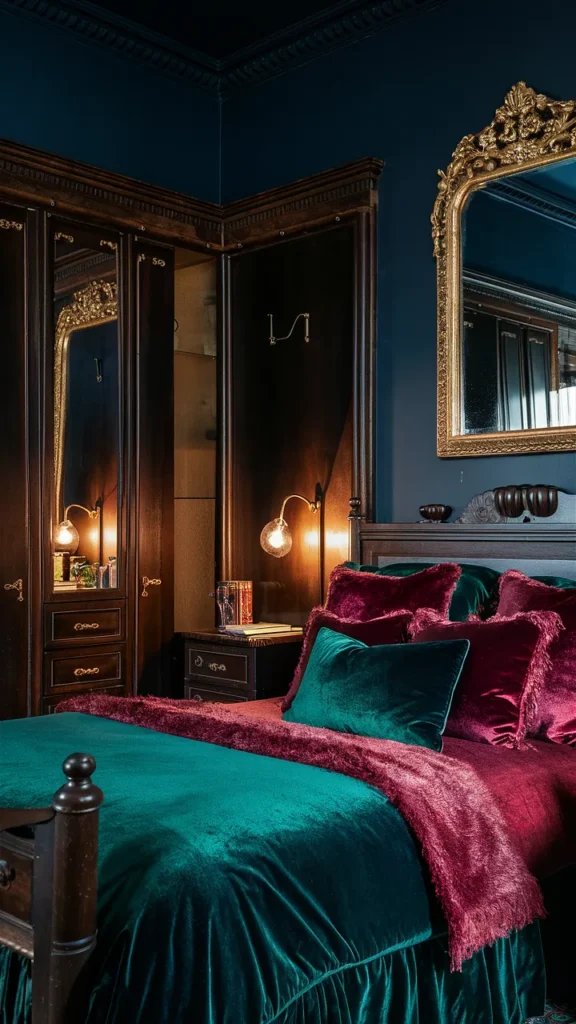 jewel tone dark academia bedroom