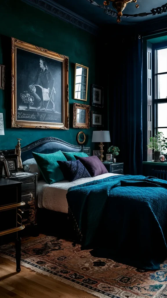 jewel tone dark academia bedroom