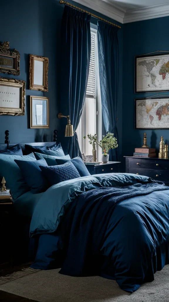 navy blue academia bedroom