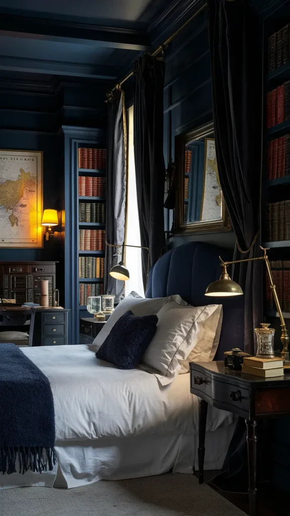 navy blue academia bedroom