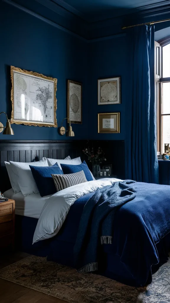 navy blue academia bedroom