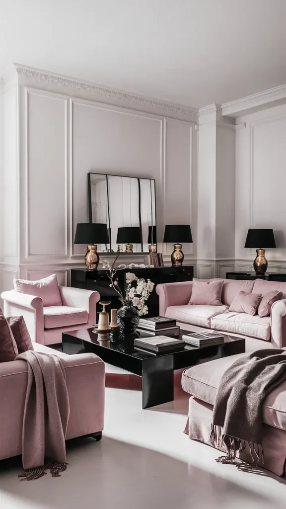 pink and black living room inspiration