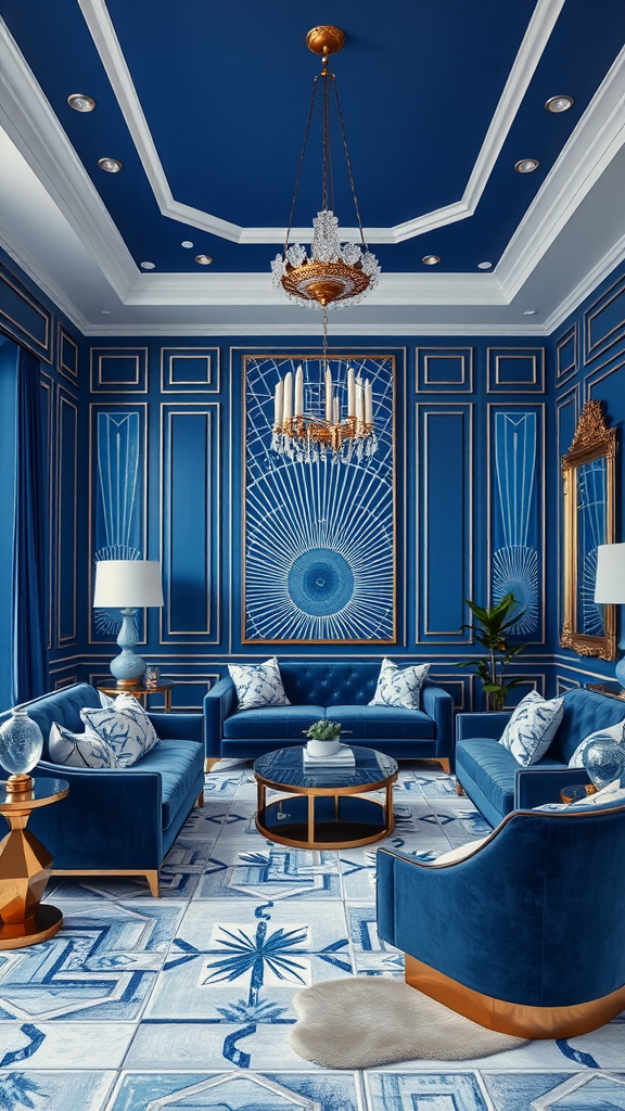 A luxurious Art Deco living room featuring deep blue walls and plush furniture.
