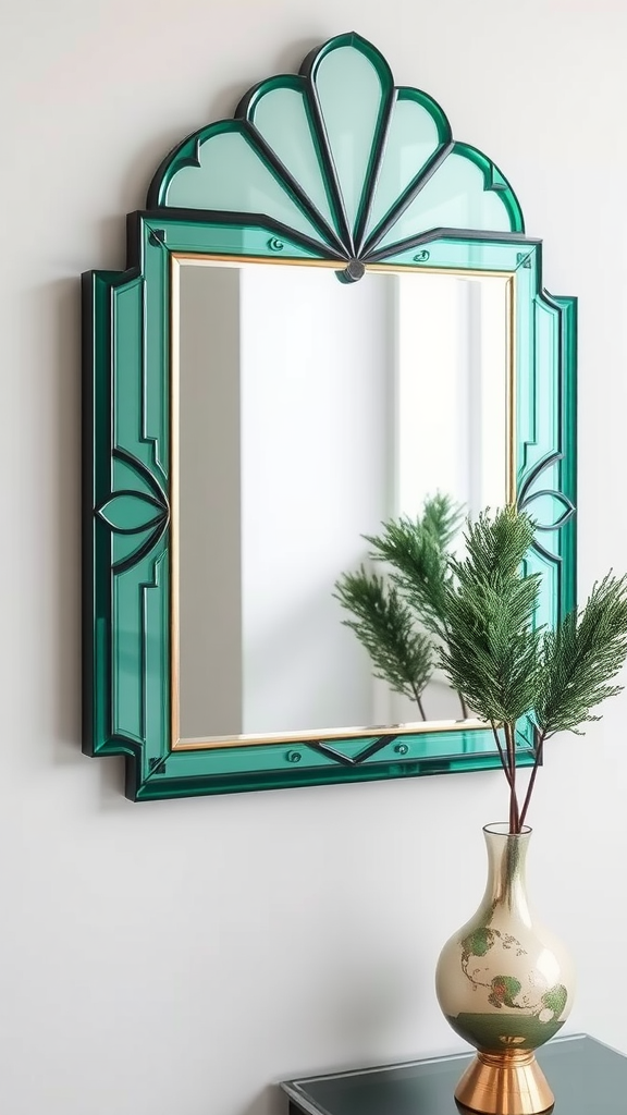 An Art Deco inspired mirror with an emerald finish and gold accents, displayed on a wall with a decorative vase in front.