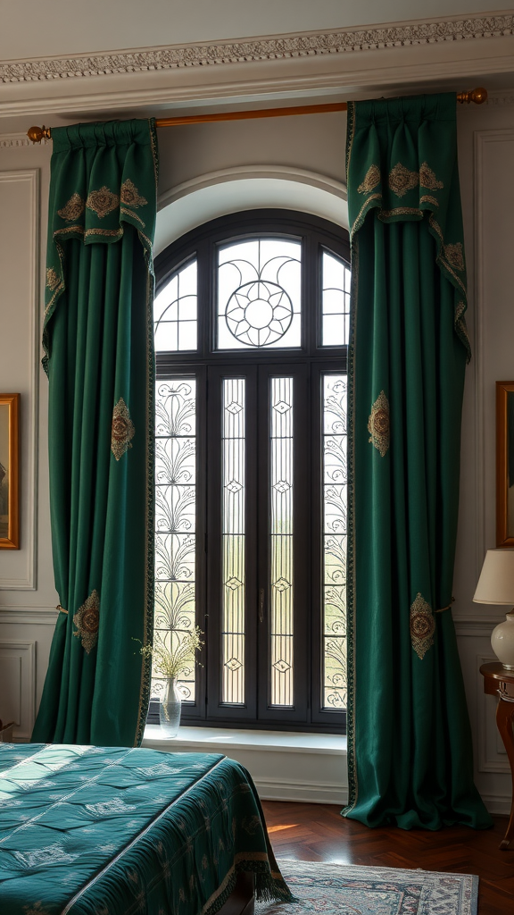 Art deco inspired window treatments with emerald curtains and ornate window design.
