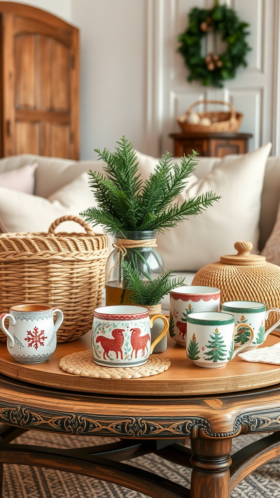 A cozy coffee table decorated for Christmas with festive mugs, greenery, and woven baskets.