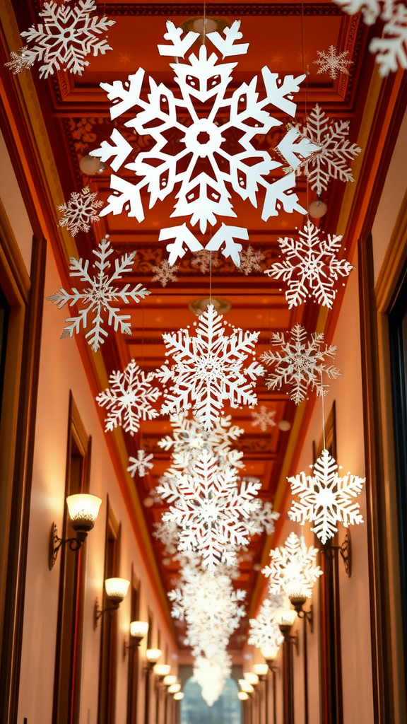 Decorative white snowflake cutouts hanging in a hallway.
