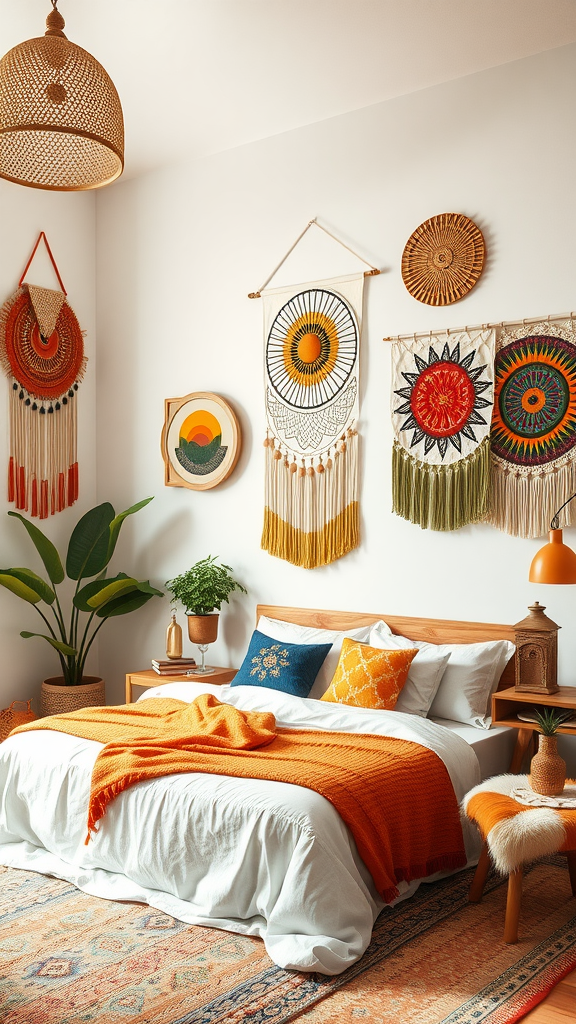 A boho bedroom featuring colorful wall hangings and orange accents.