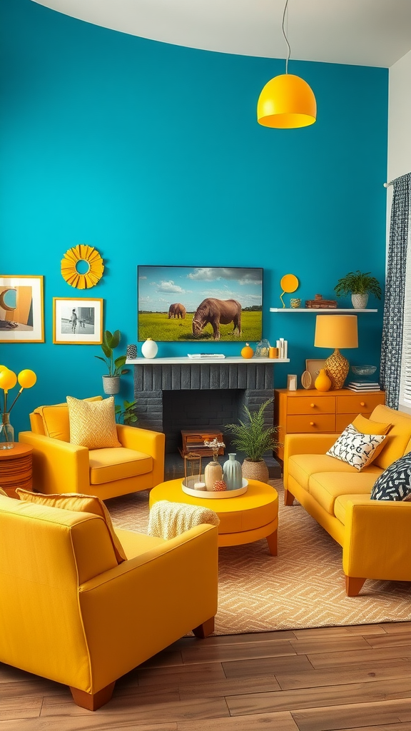 A vibrant blue living room with yellow furniture and decor