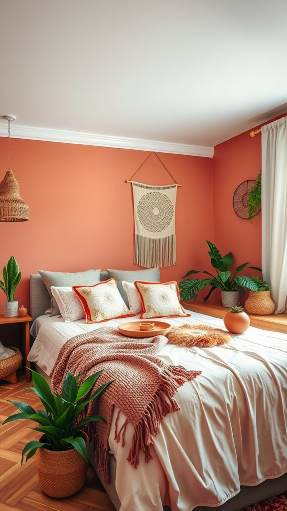 Cozy boho bedroom with terracotta accents, featuring plants and warm orange tones.