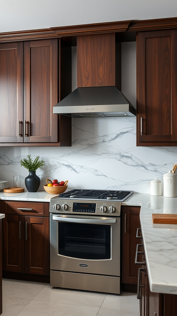 A modern kitchen featuring dark wood cabinets, a stylish backsplash, and stainless steel appliances.