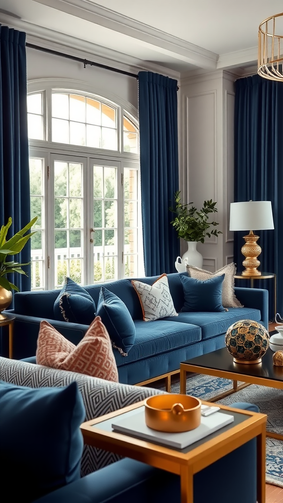 A blue living room decorated with navy sofas, matching curtains, and gold accents