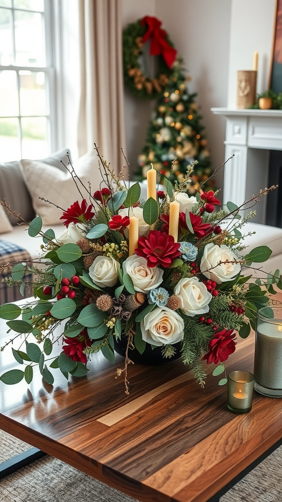 A beautifully arranged floral centerpiece with roses and greenery, set on a coffee table beside a decorated Christmas tree.