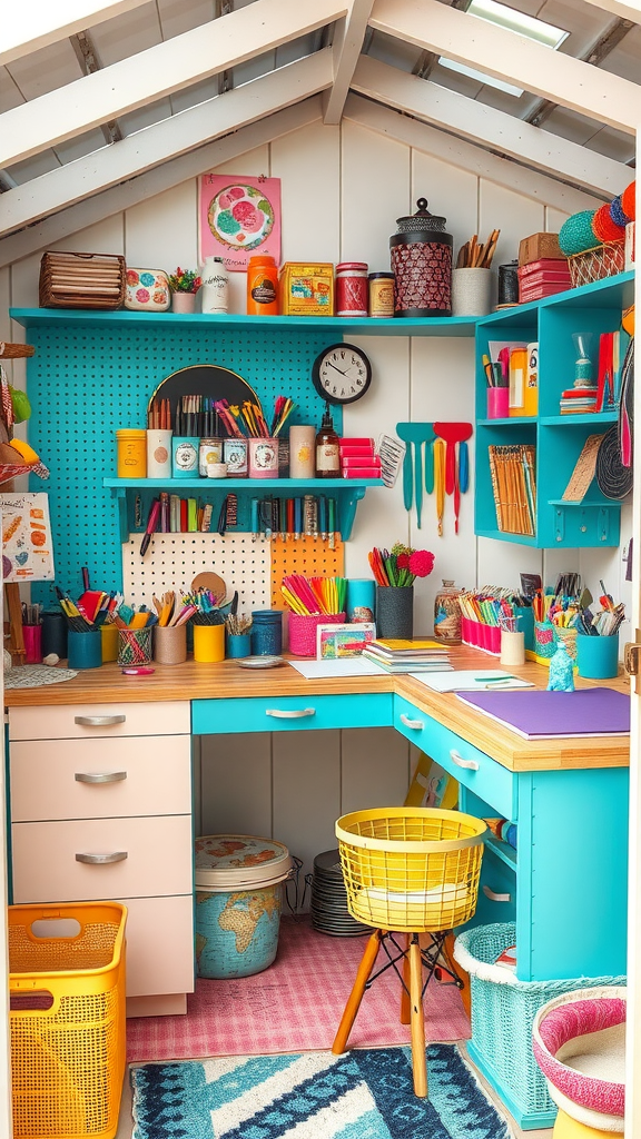 A bright and cheerful crafting corner with colorful supplies, organized baskets, and a spacious desk.