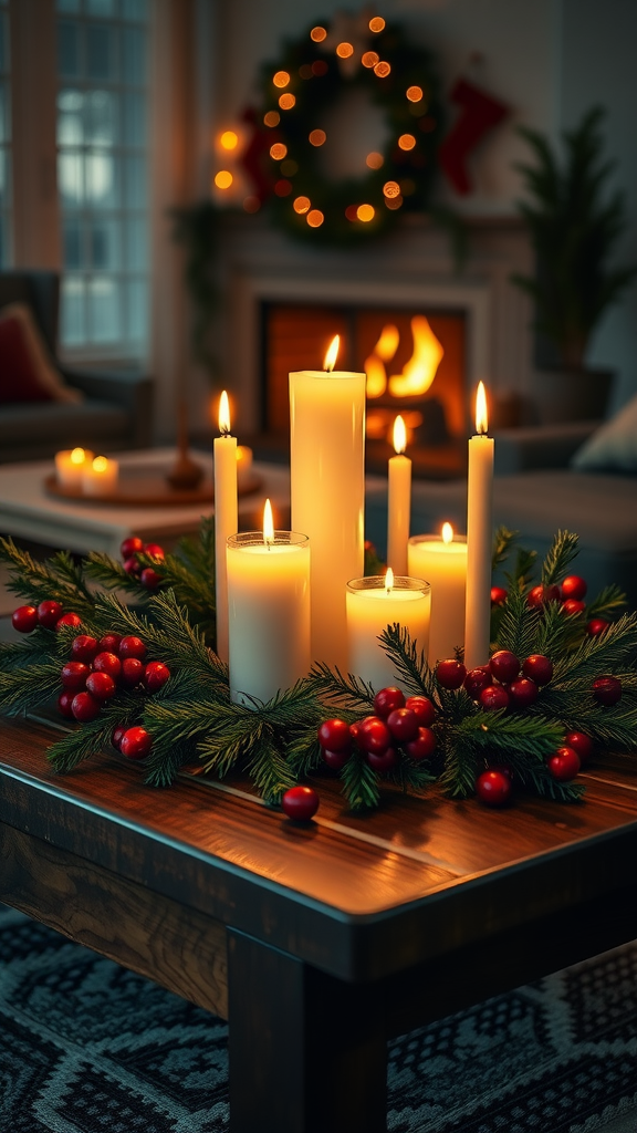 A cozy Christmas coffee table decorated with candles, pine branches, and red berries.