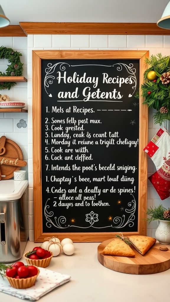 A chalkboard displaying holiday recipes in a decorated kitchen