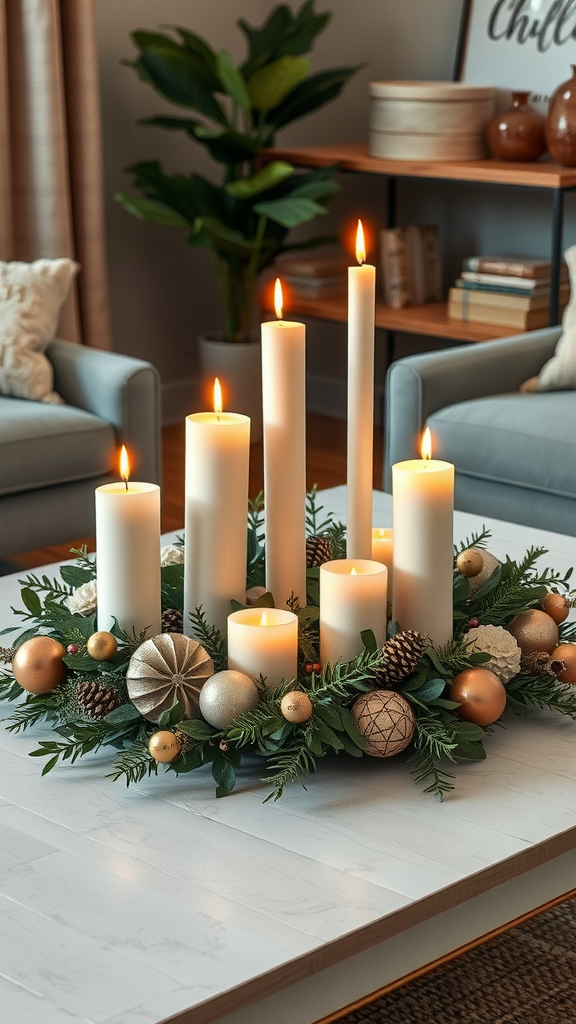 A decorative candle arrangement on a coffee table with tall white candles, greenery, and festive ornaments.