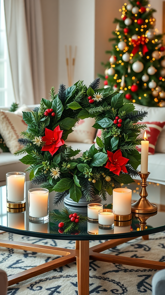 A beautifully arranged holiday wreath with red flowers and greenery on a coffee table surrounded by candles and a Christmas tree in the background.
