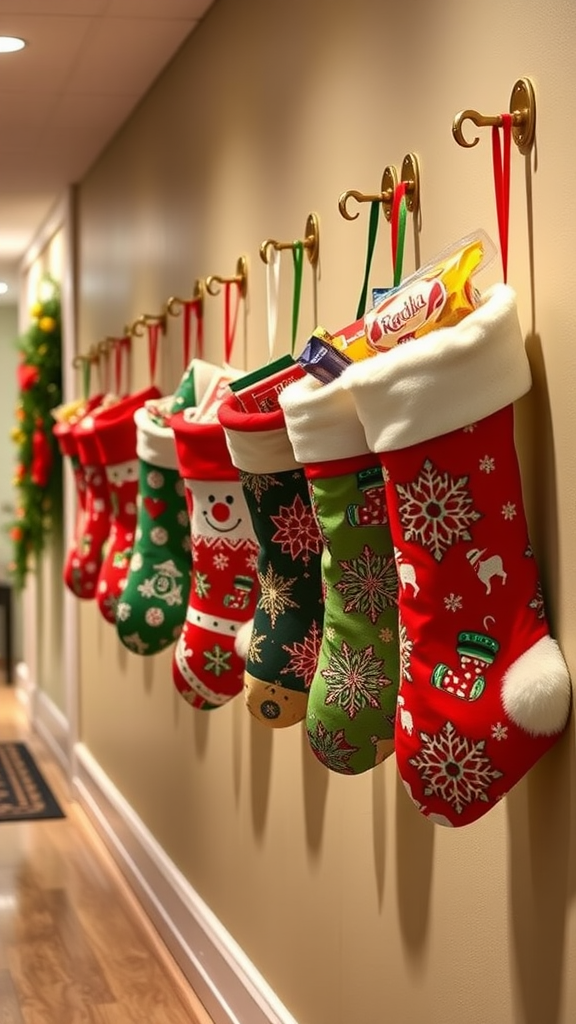 Colorful Christmas stockings hanging in a hallway
