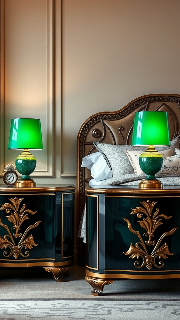 Chic art deco nightstands with green lamps in an elegant bedroom setting