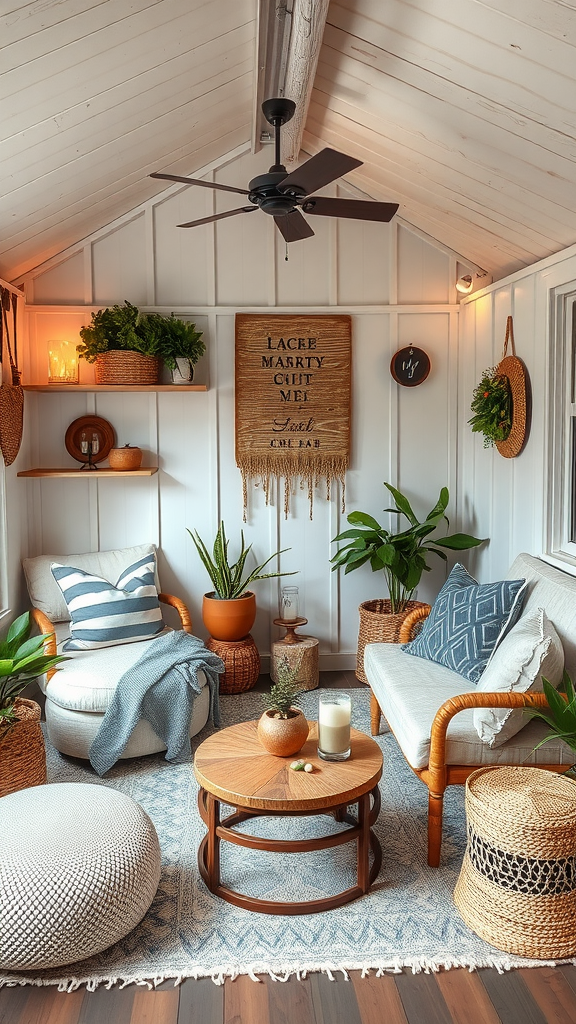 A cozy lounge area with plants, comfortable furniture, and warm lighting.