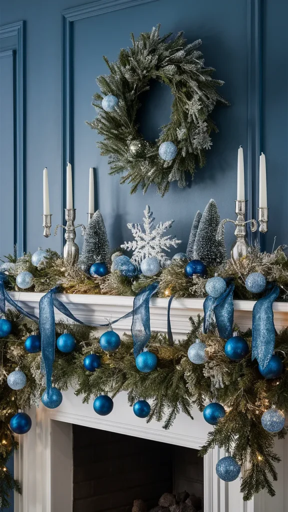 christmas mantle decorations blue