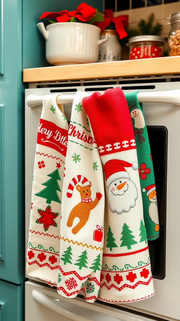 Colorful Christmas-themed dish towels hanging in a kitchen with festive designs