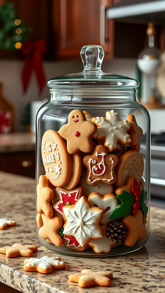 A glass jar filled with colorful Christmas cookies, including gingerbread and snowflake shapes, set in a cozy kitchen.