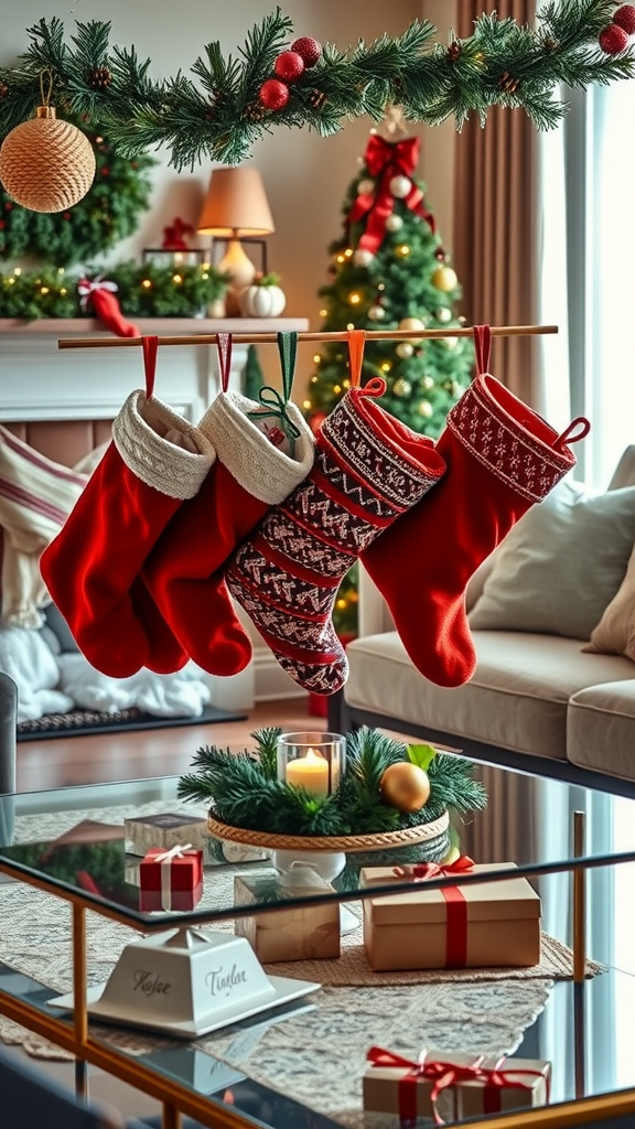 A festive arrangement of Christmas stockings hanging with a cozy living room background, featuring a decorated coffee table with gifts and a candle.