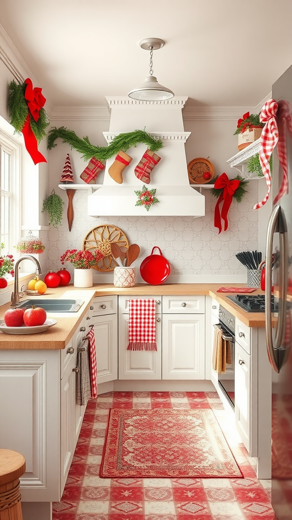 A festive kitchen decorated in red and white for Christmas with garlands, stockings, and checkered textiles.