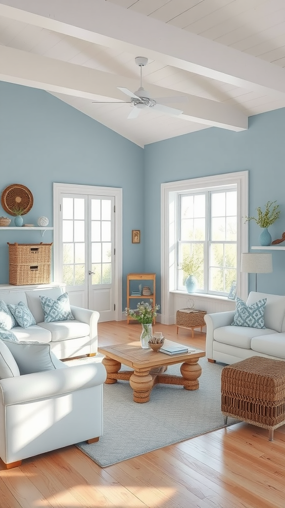 A bright, coastal-inspired living room featuring soft blue walls, white furniture, and wooden accents.