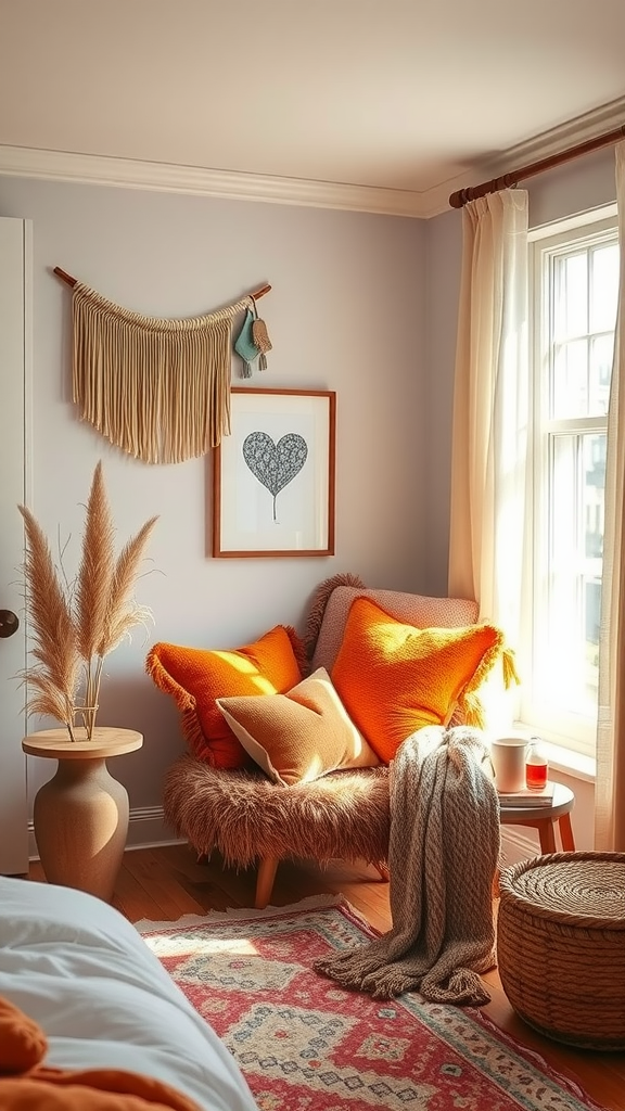 A cozy reading nook featuring orange pillows, soft seating, and warm light.