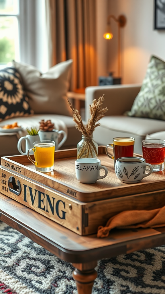 A cozy beverage station with a wooden tray, filled with colorful drinks and decorative elements, set in a warm living room.