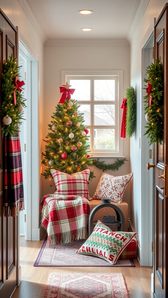 A cozy holiday hallway decorated with a small Christmas tree, pillows, and plaid blankets.