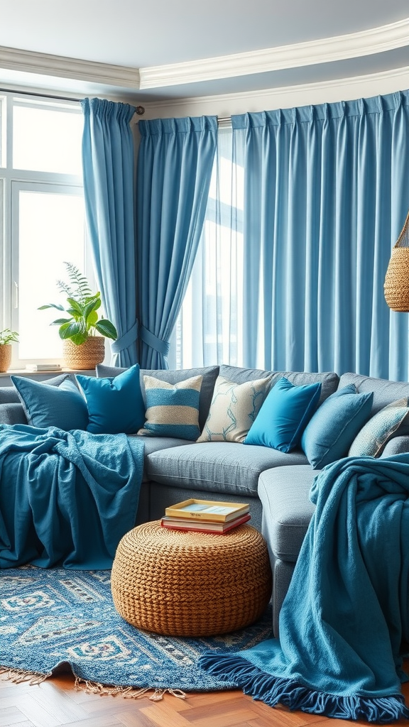 A cozy blue living room featuring a blue sofa with pillows, blue blankets, a knitted pouf, and blue curtains.