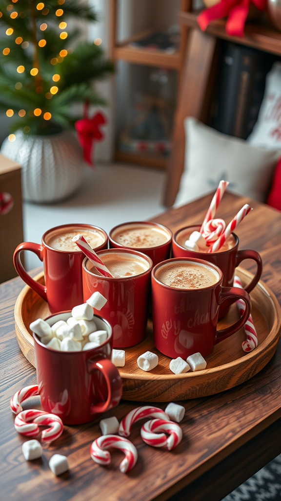 A cozy cocoa bar setup with red mugs filled with hot cocoa, marshmallows, and candy canes on a wooden tray.