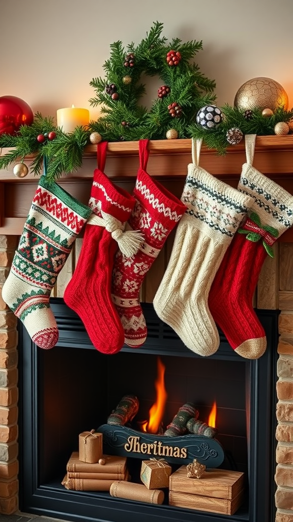 Cozy knit stockings hanging by a fireplace decorated for Christmas